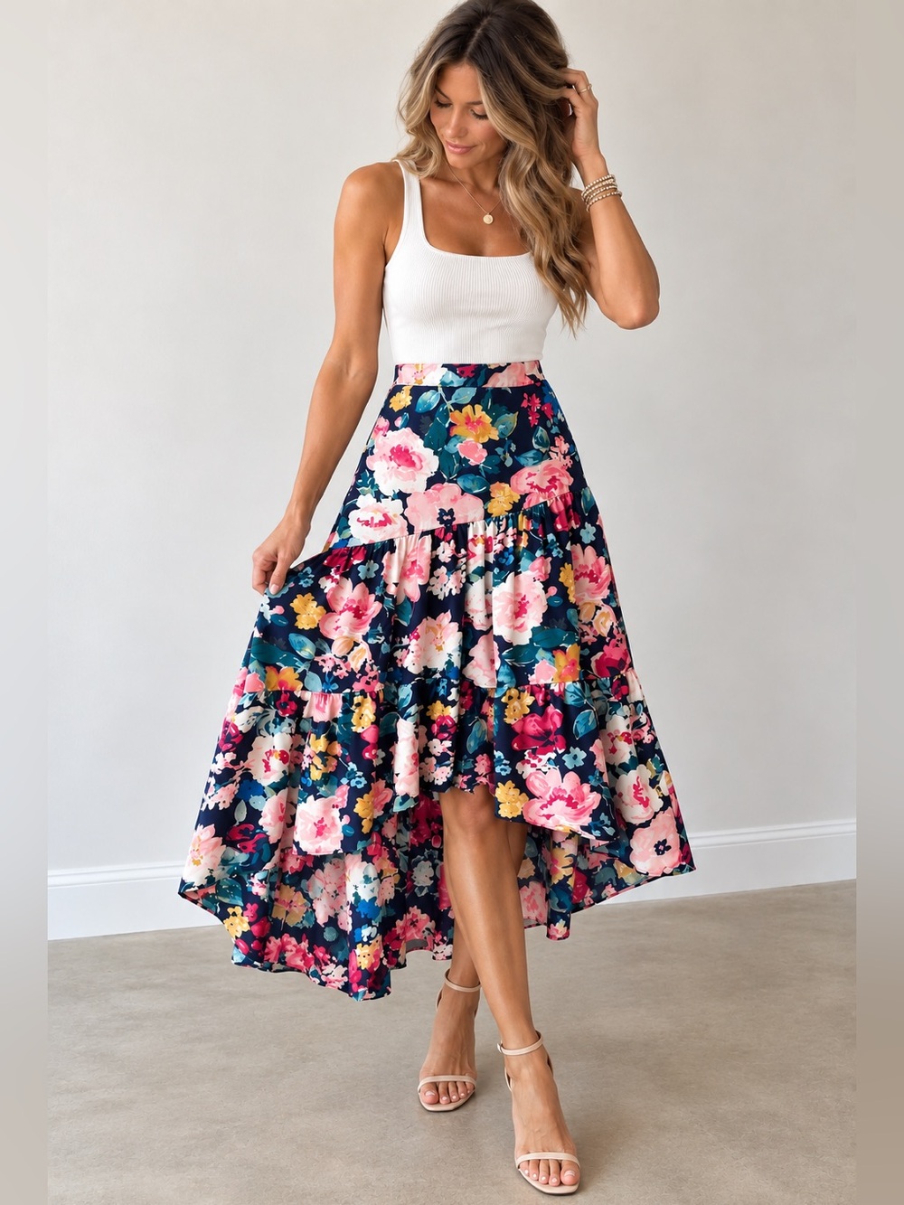 Eliza J Floral Asymmetrical High-Low Maxi Skirt Size 2 Navy Pink Floral NWOT